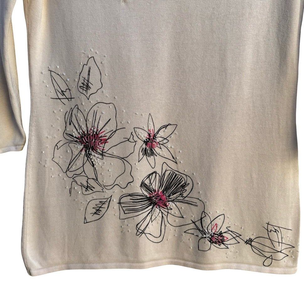 Randolph Duke Y2K Quiet Luxury Silk Cotton Floral Beaded Feminine Knit Sweater S