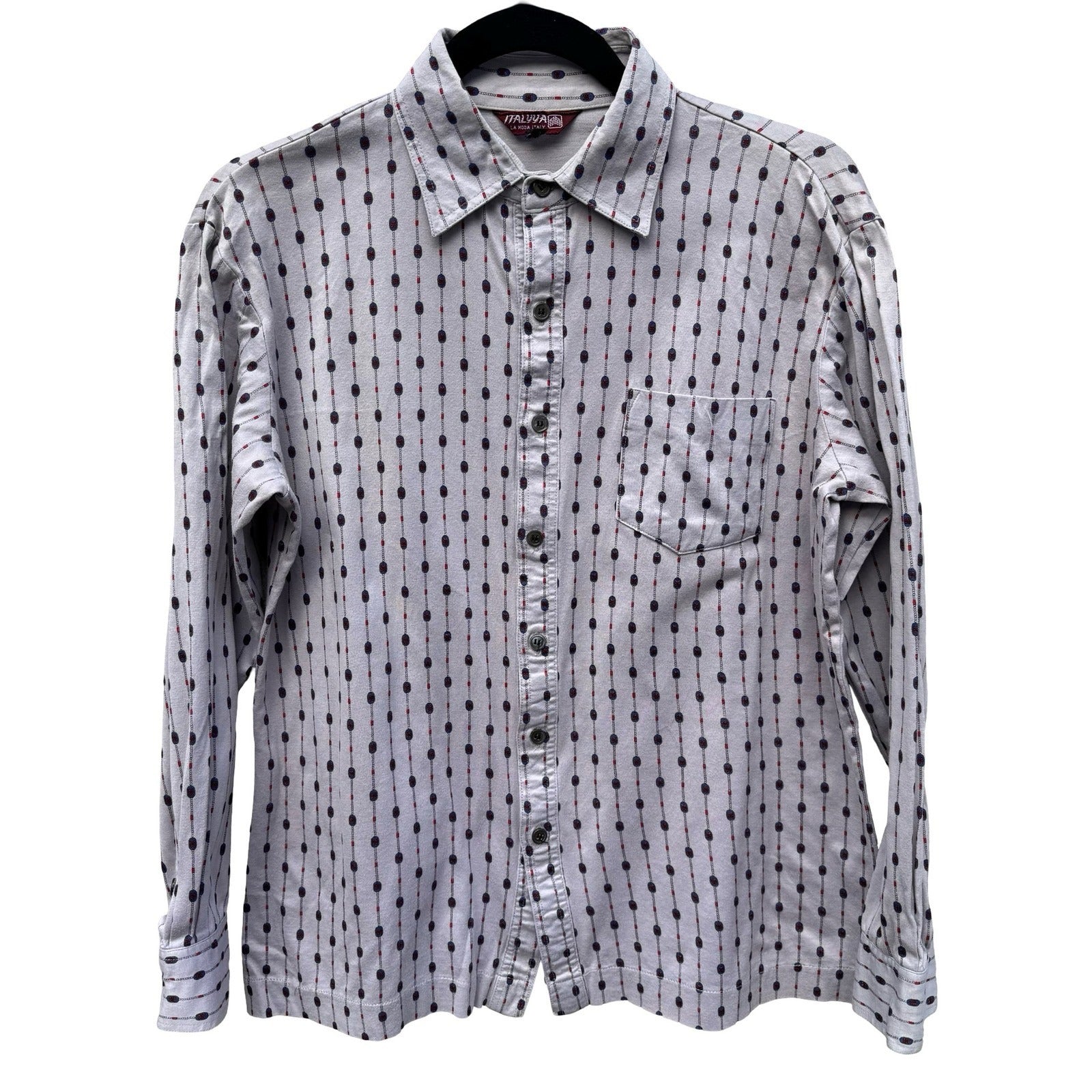 Italyva La Moda Italy Mens Grey Geometric Chain Print Button Up Shirt Size 90