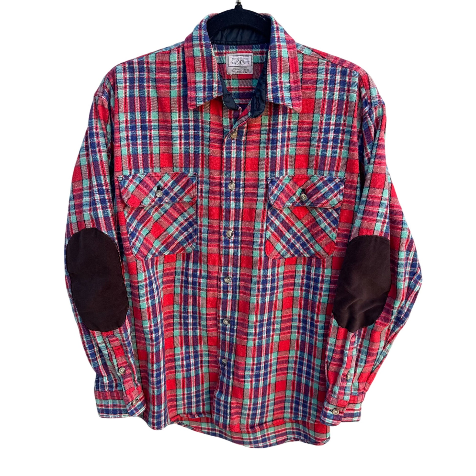 Vintage Mens United Garment Genuine Houston Plaid Button-Up Shirt Elbow Patches
