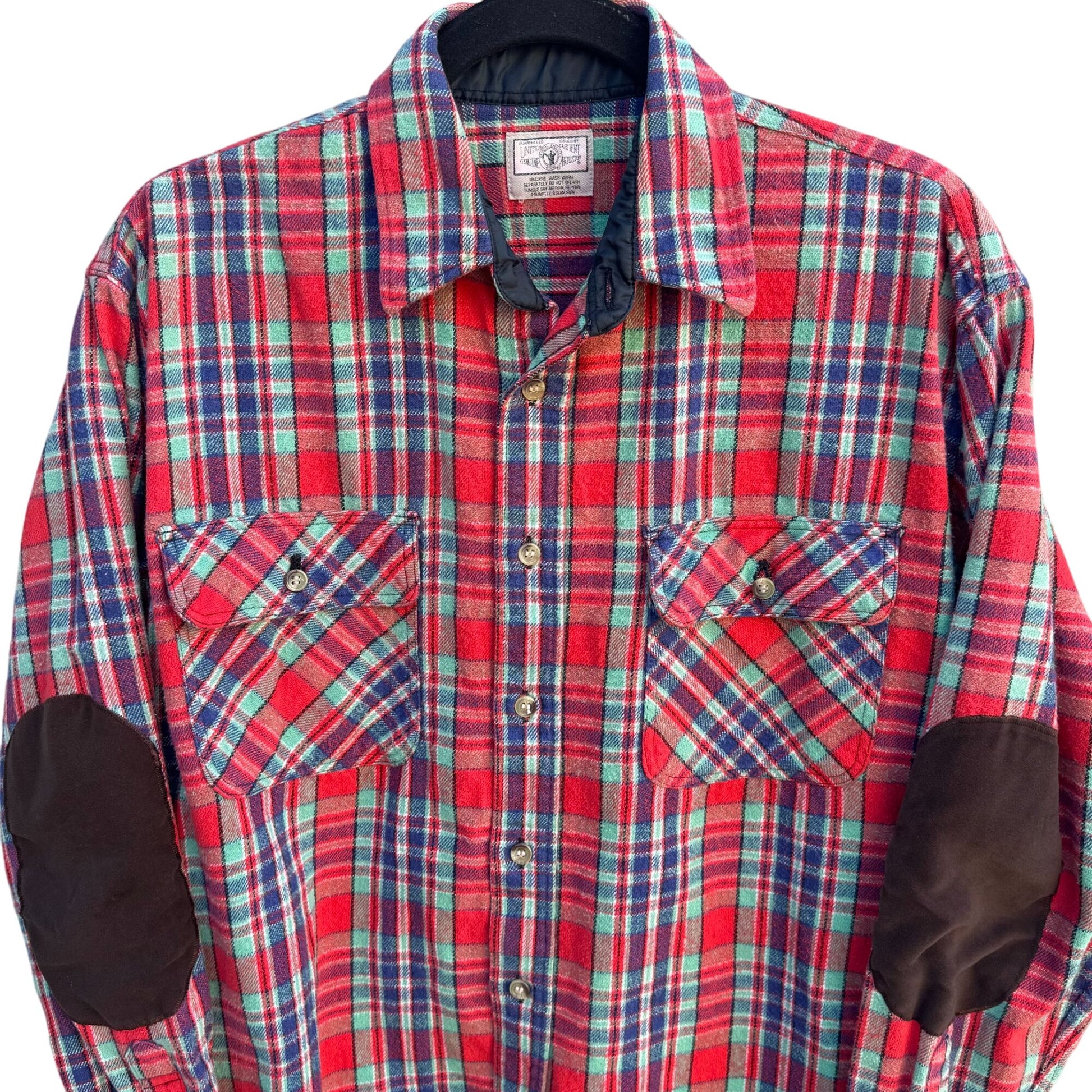 Vintage Mens United Garment Genuine Houston Plaid Button-Up Shirt Elbow Patches