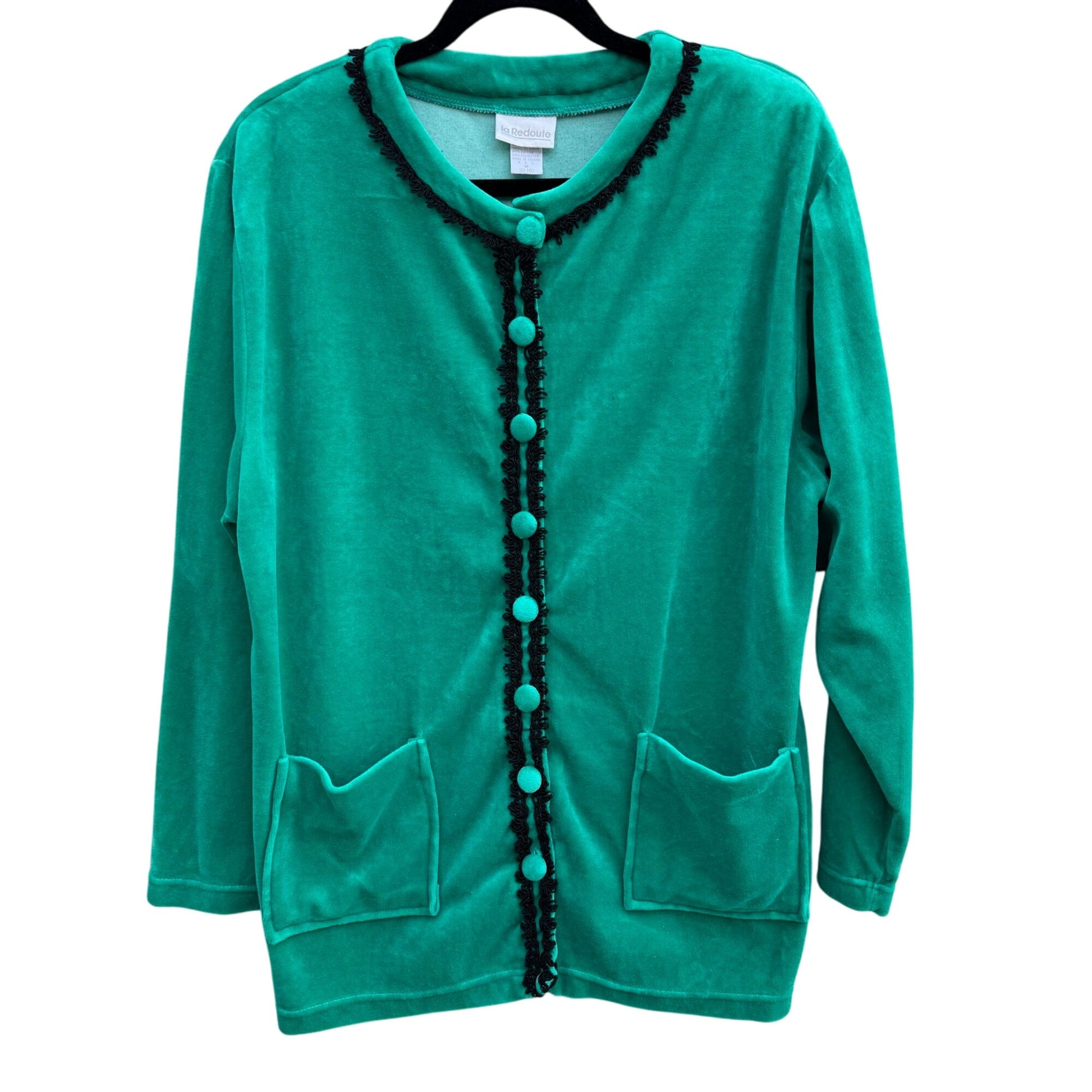 La Redoute Vintage Green Velour Velvet Oversize Lace Embroidered Trim Cardigan M