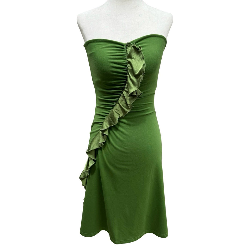 Susana Monaco Y2K Fairy Green Strapless Silk Ruffle Mini Dress Ruched Bodycon XS