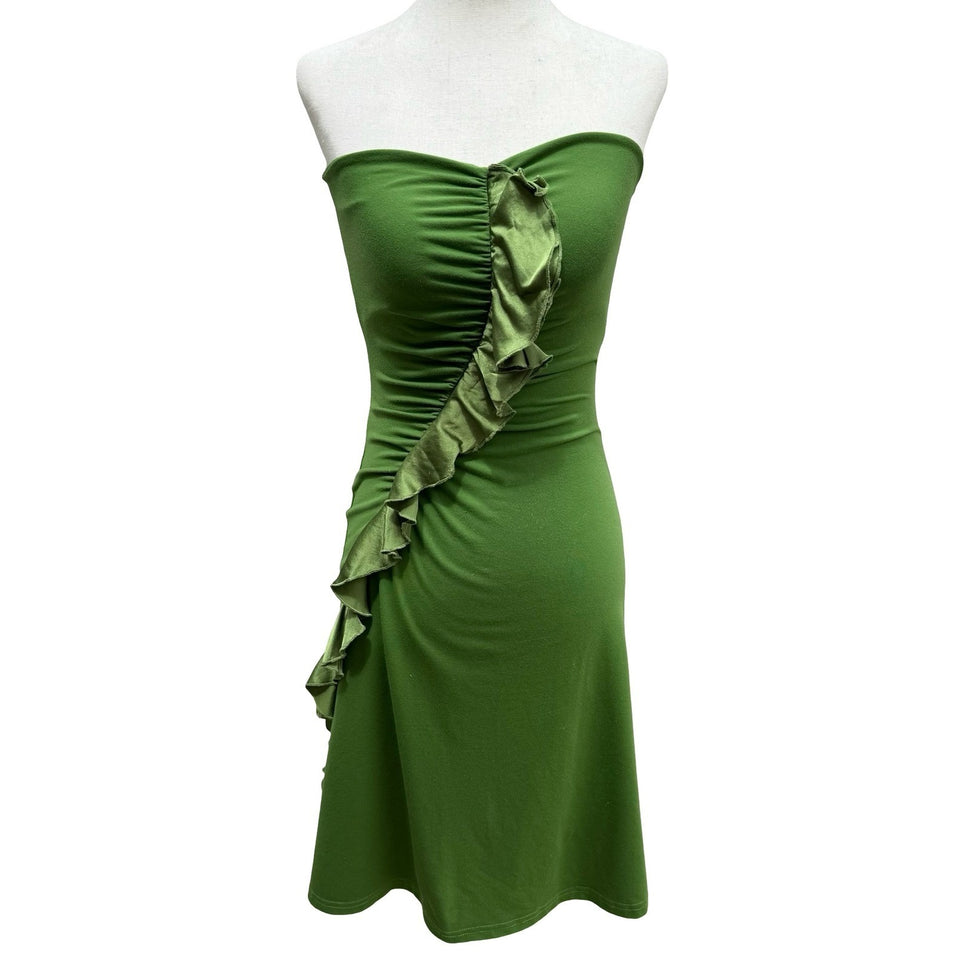 Susana Monaco Y2K Fairy Green Strapless Silk Ruffle Mini Dress Ruched Bodycon XS