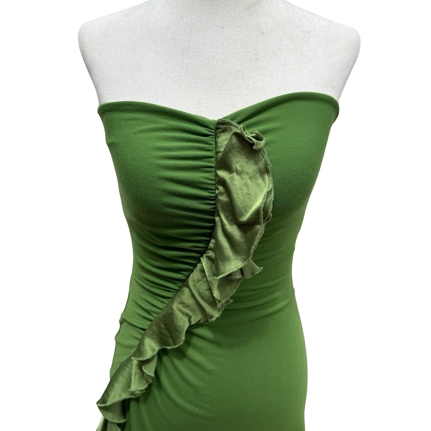 Susana Monaco Y2K Fairy Green Strapless Silk Ruffle Mini Dress Ruched Bodycon XS