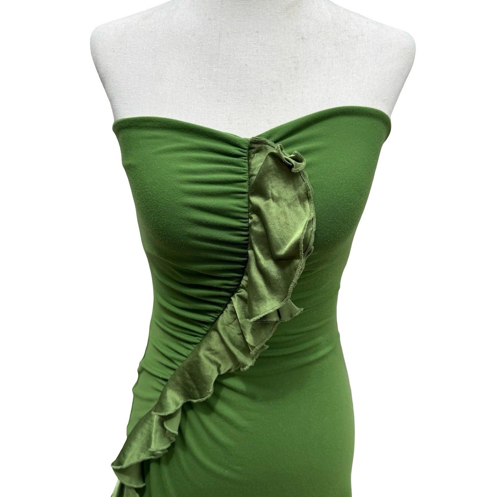 Susana Monaco Y2K Fairy Green Strapless Silk Ruffle Mini Dress Ruched Bodycon XS