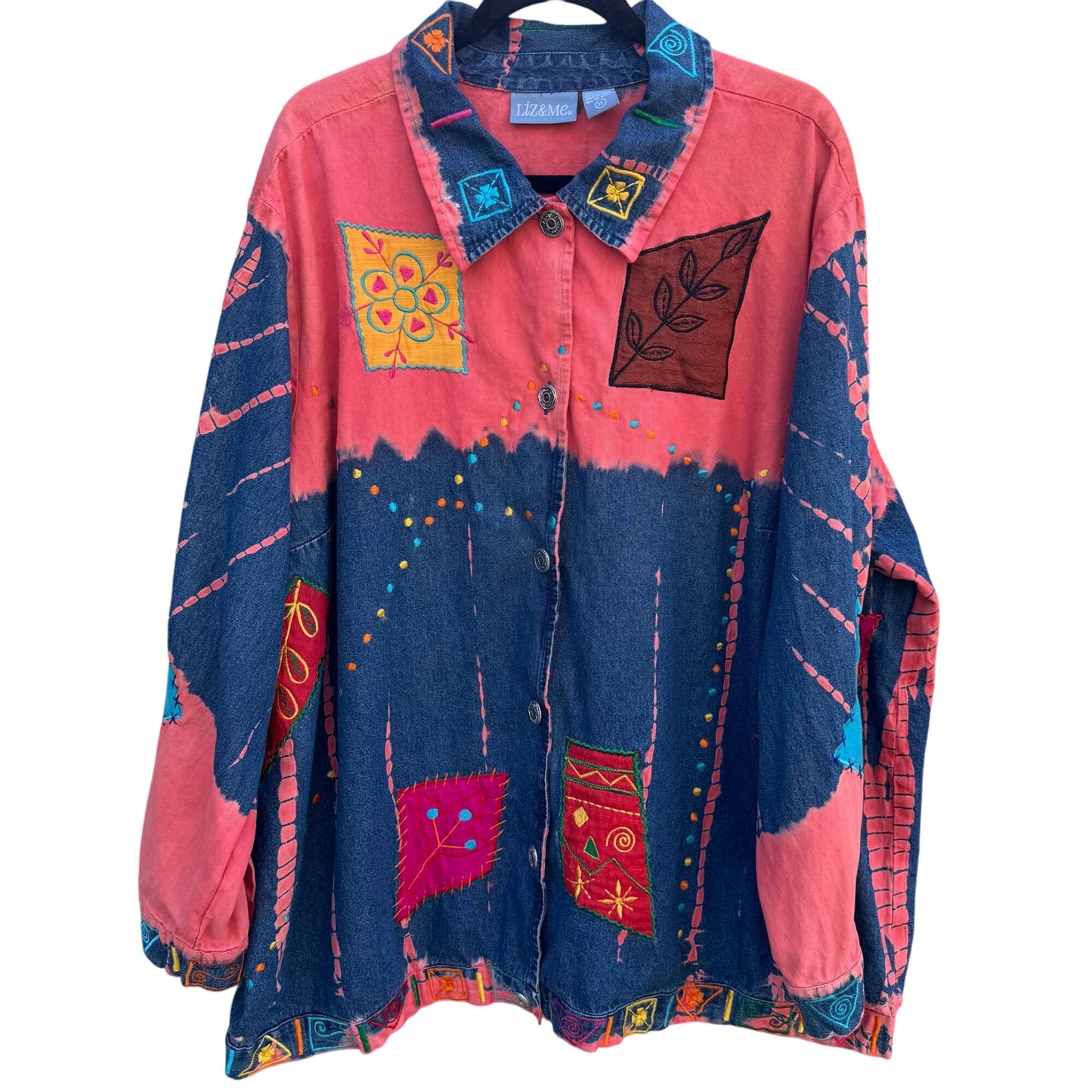 Liz & Me Vintage Womens Colorful Embroidered Patchwork Button-Up Denim Jacket 3X