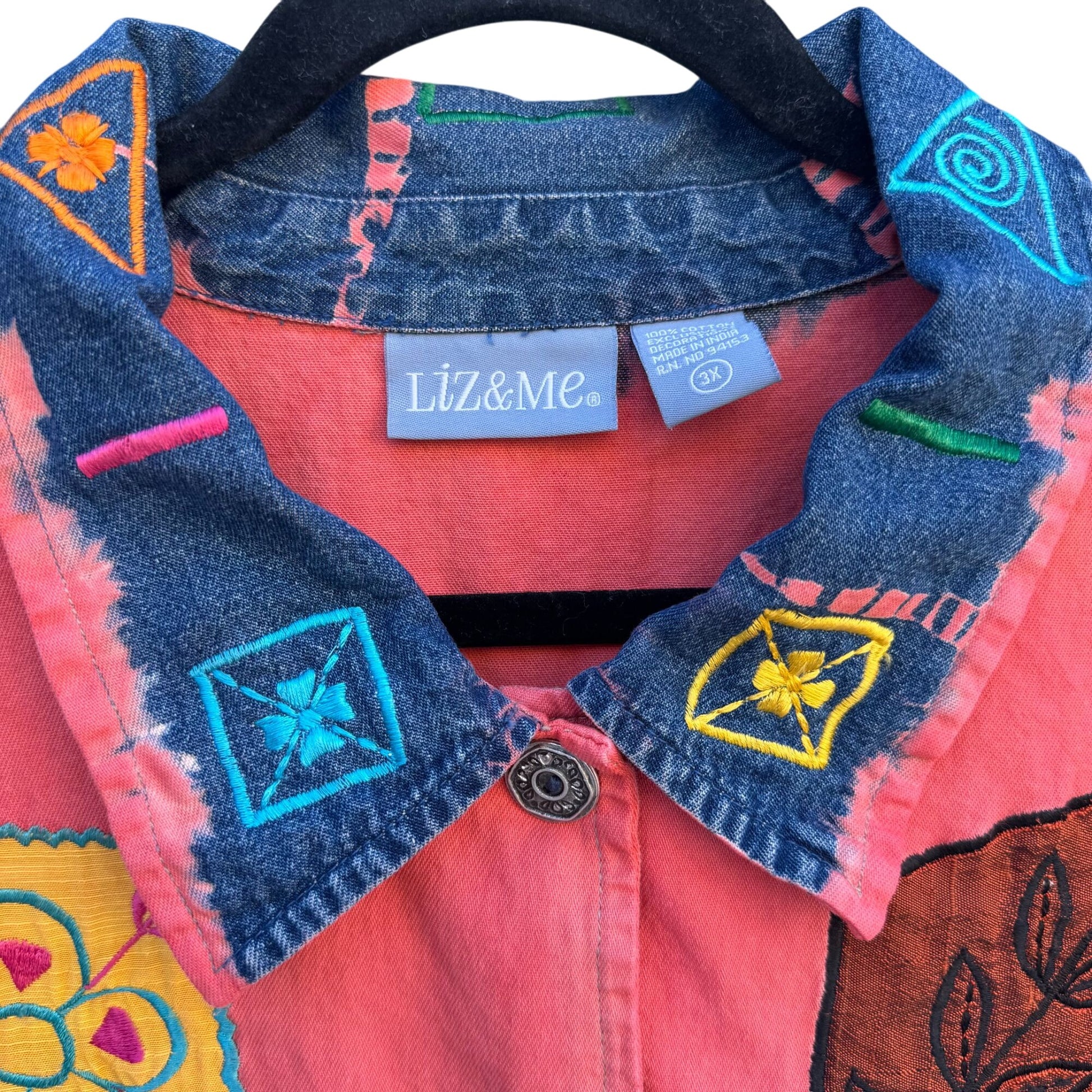 Liz & Me Vintage Womens Colorful Embroidered Patchwork Button-Up Denim Jacket 3X