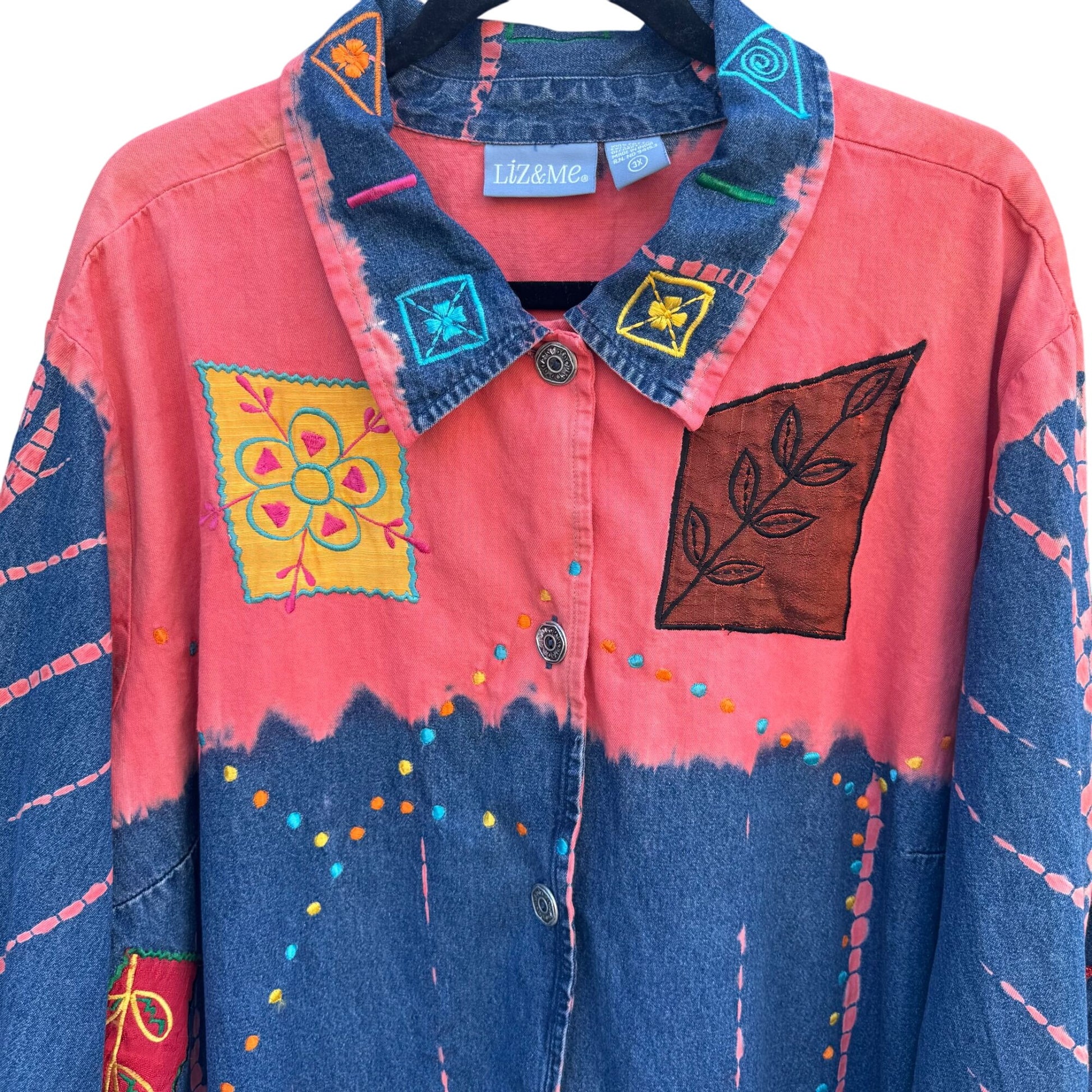 Liz & Me Vintage Womens Colorful Embroidered Patchwork Button-Up Denim Jacket 3X
