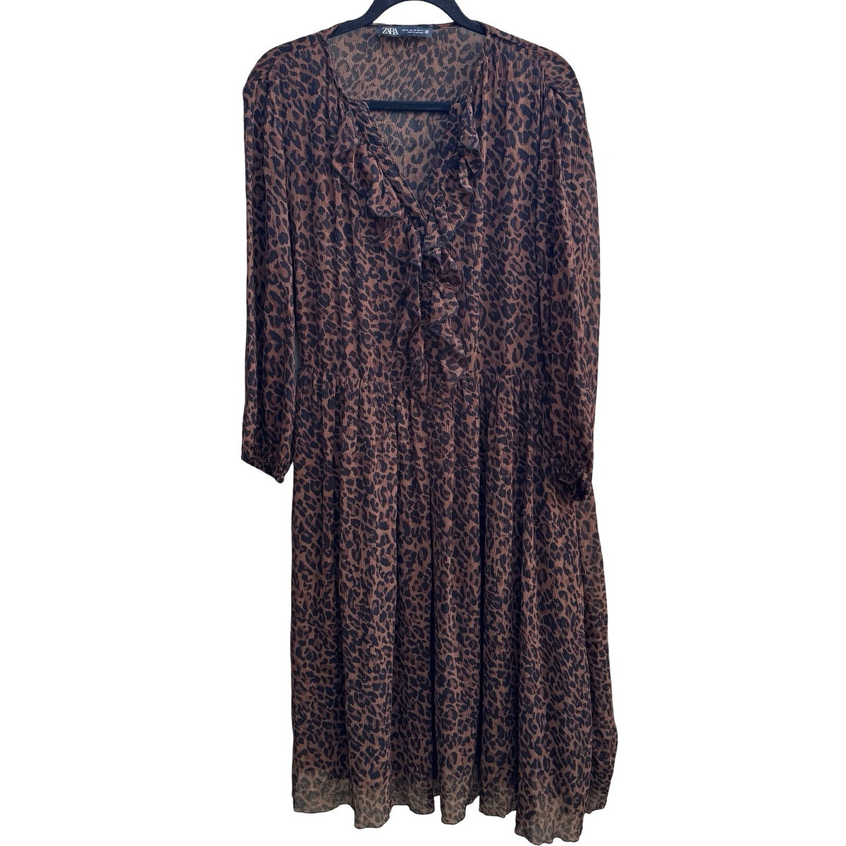 Zara Mob Wife Boho Sheer Ruffle Plisse Leopard Print Boho Midi Dress Brown XS