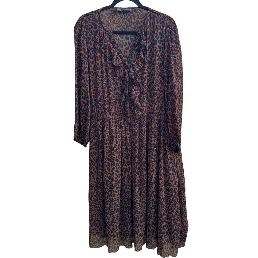 Zara Mob Wife Boho Sheer Ruffle Plisse Leopard Print Boho Midi Dress Brown XS