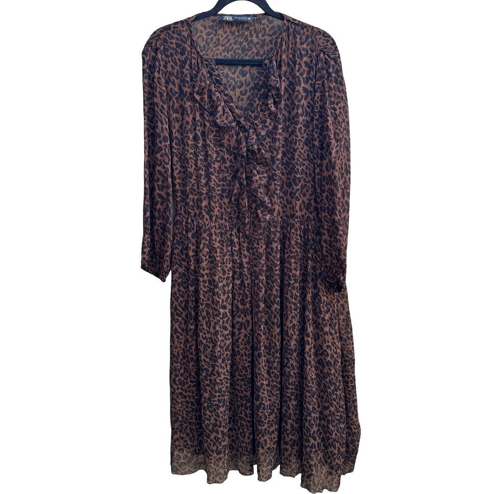 Zara Mob Wife Boho Sheer Ruffle Plisse Leopard Print Boho Midi Dress Brown XS