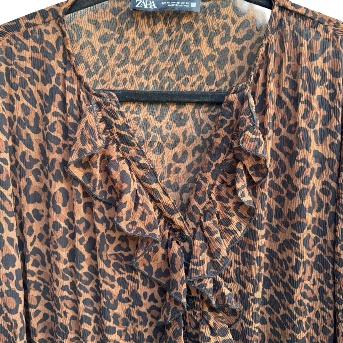 Zara Mob Wife Boho Sheer Ruffle Plisse Leopard Print Boho Midi Dress Brown XS