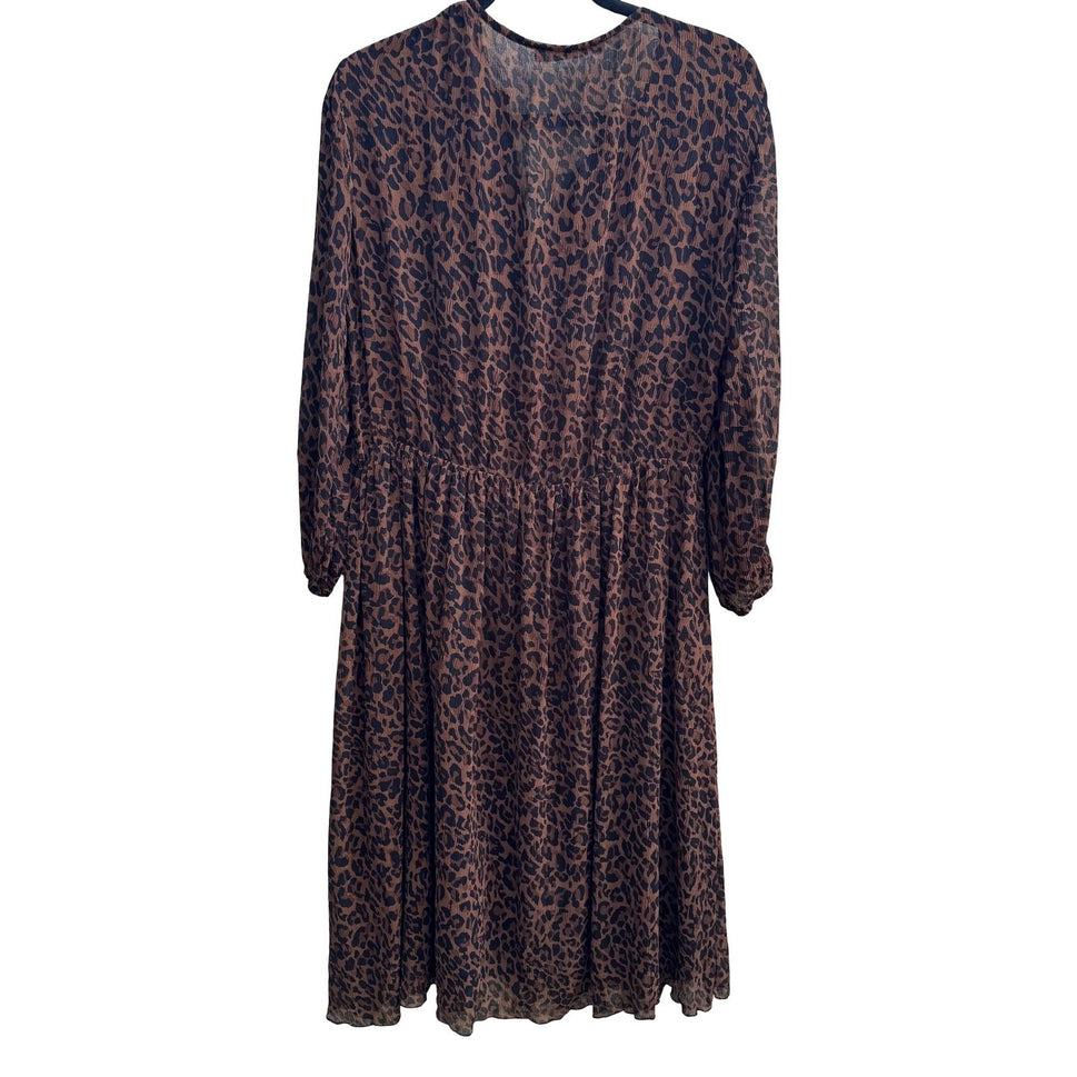 Zara Mob Wife Boho Sheer Ruffle Plisse Leopard Print Boho Midi Dress Brown XS