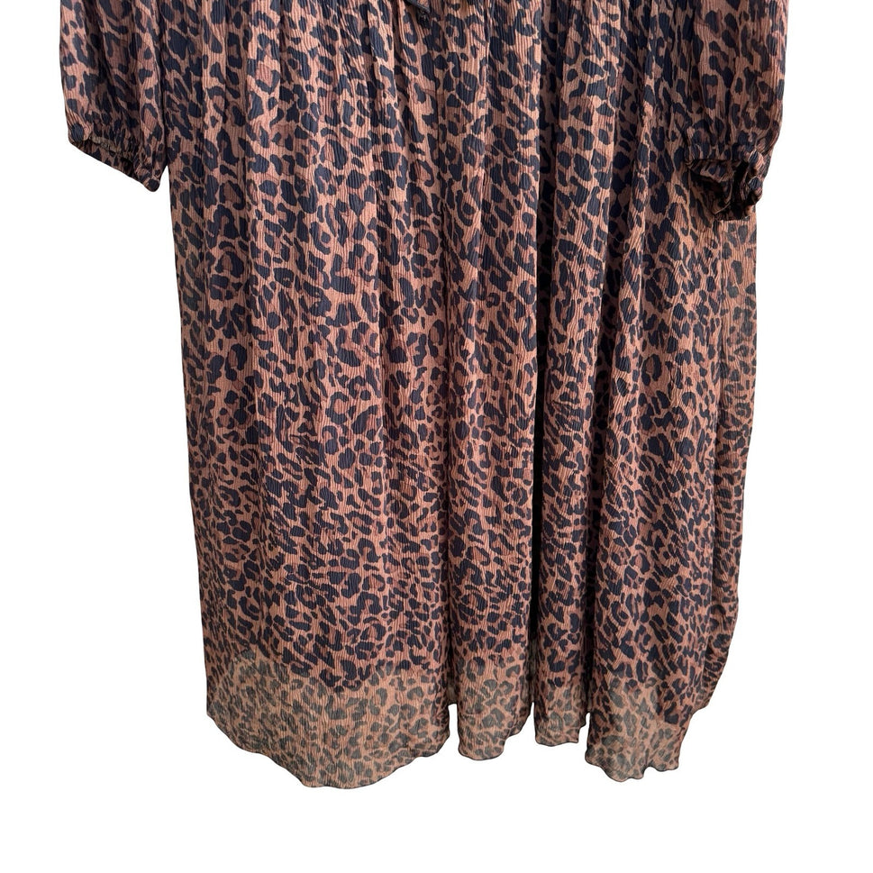 Zara Mob Wife Boho Sheer Ruffle Plisse Leopard Print Boho Midi Dress Brown XS