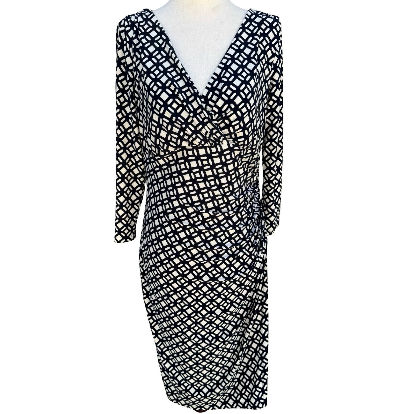 Lauren Ralph Lauren Navy Geometric Faux Wrap Sheath Dress 3/4 Sleeve 8 Mod Party