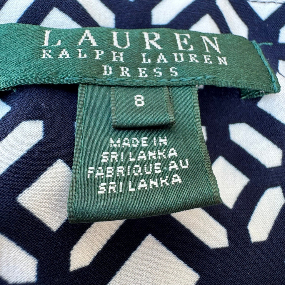 Lauren Ralph Lauren Navy Geometric Faux Wrap Sheath Dress 3/4 Sleeve 8 Mod Party