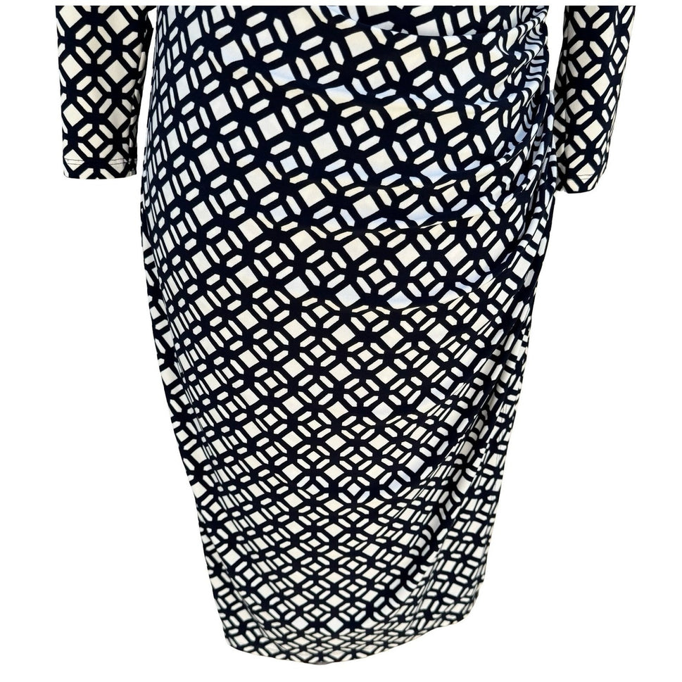 Lauren Ralph Lauren Navy Geometric Faux Wrap Sheath Dress 3/4 Sleeve 8 Mod Party