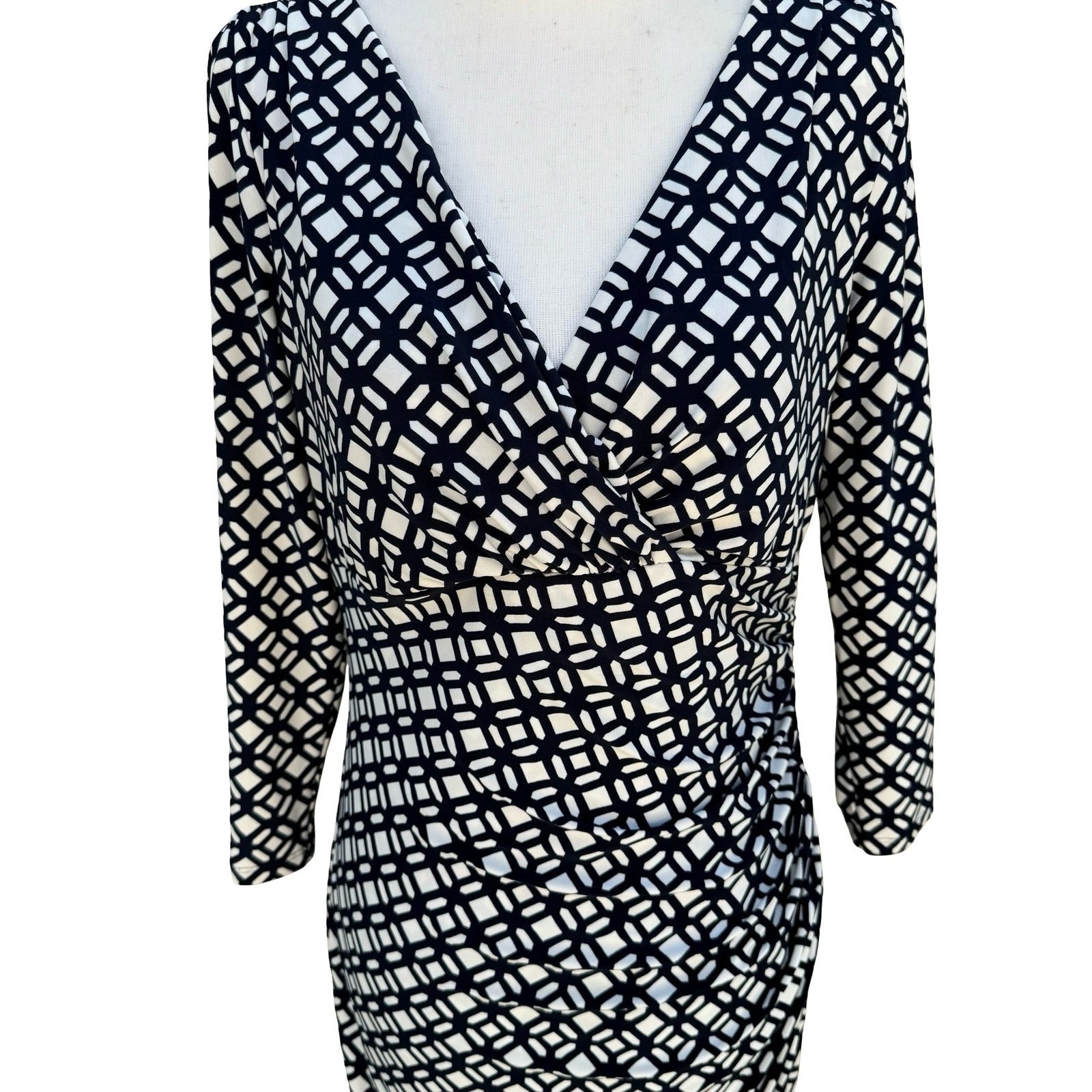 Lauren Ralph Lauren Navy Geometric Faux Wrap Sheath Dress 3/4 Sleeve 8 Mod Party
