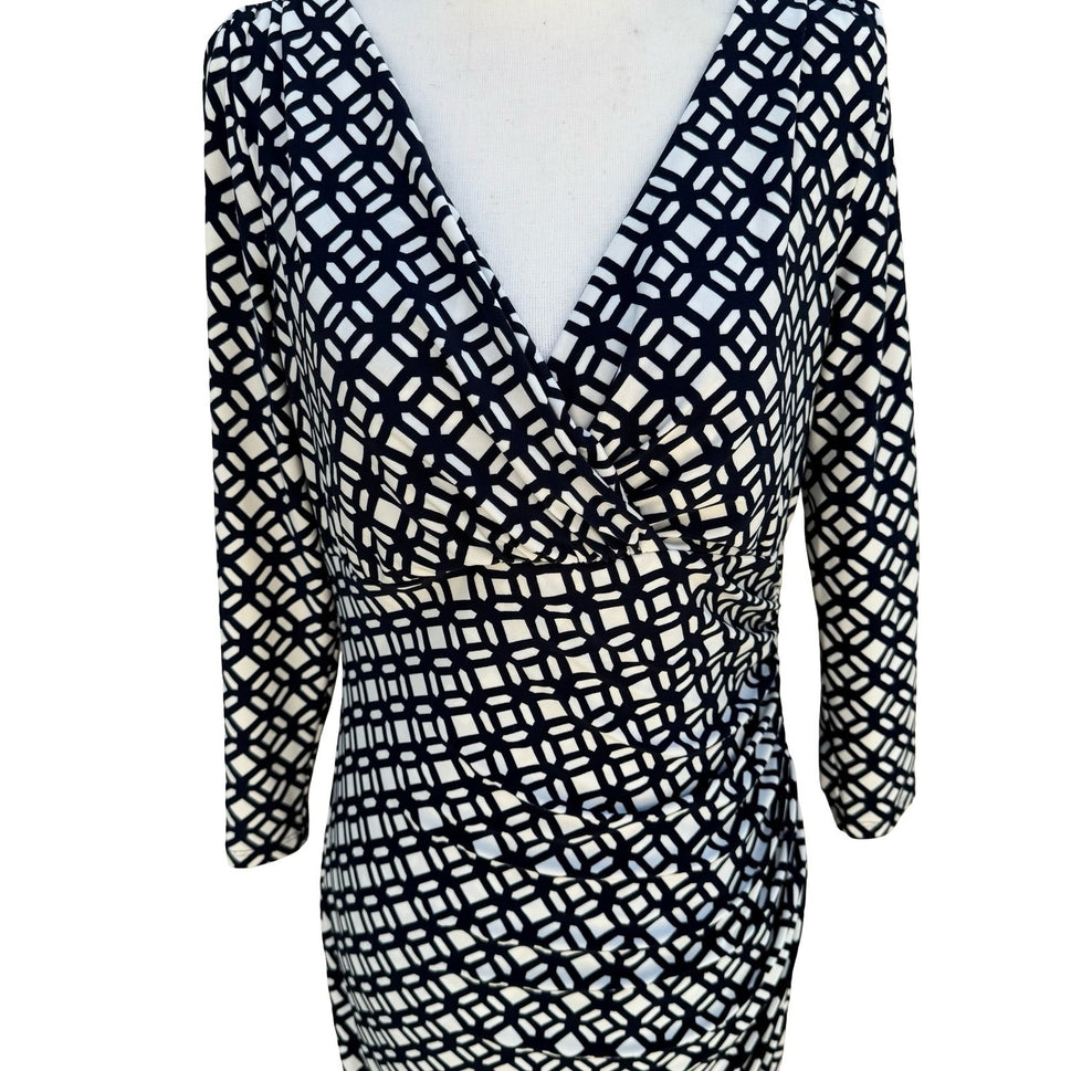 Lauren Ralph Lauren Navy Geometric Faux Wrap Sheath Dress 3/4 Sleeve 8 Mod Party