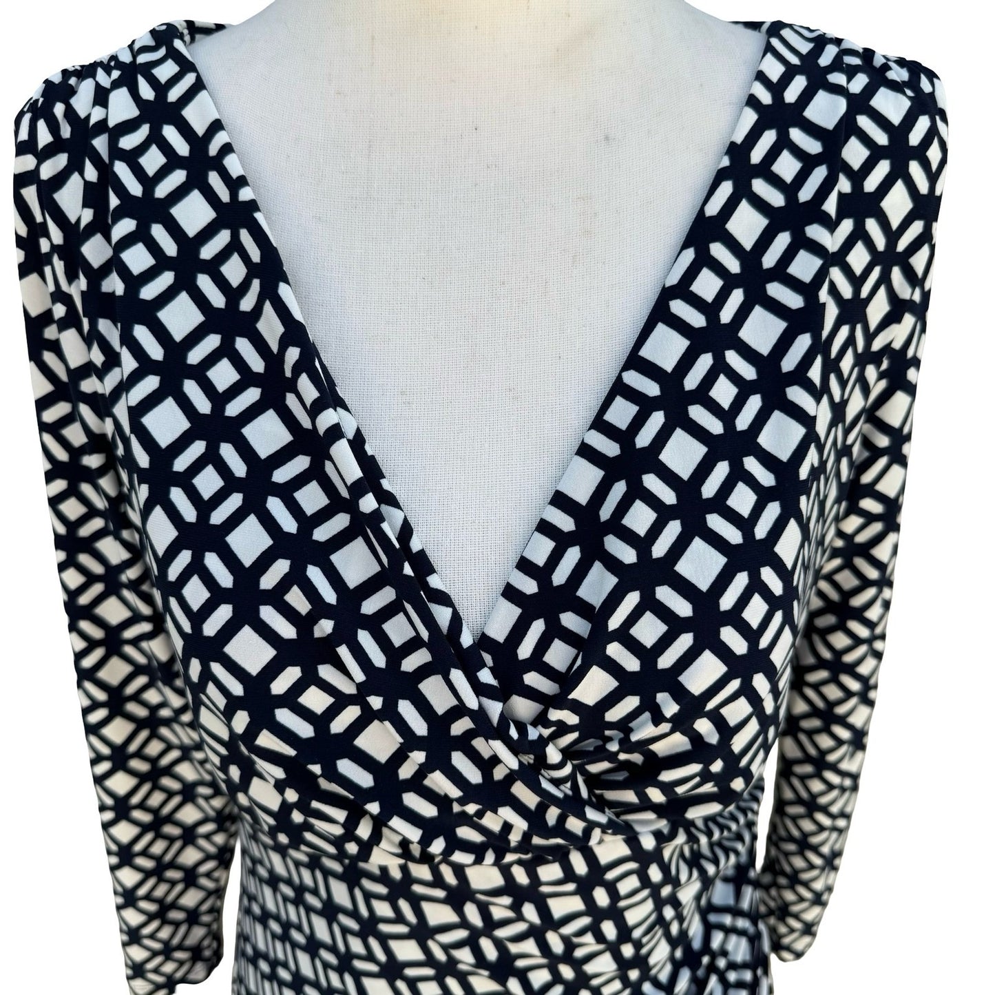 Lauren Ralph Lauren Navy Geometric Faux Wrap Sheath Dress 3/4 Sleeve 8 Mod Party