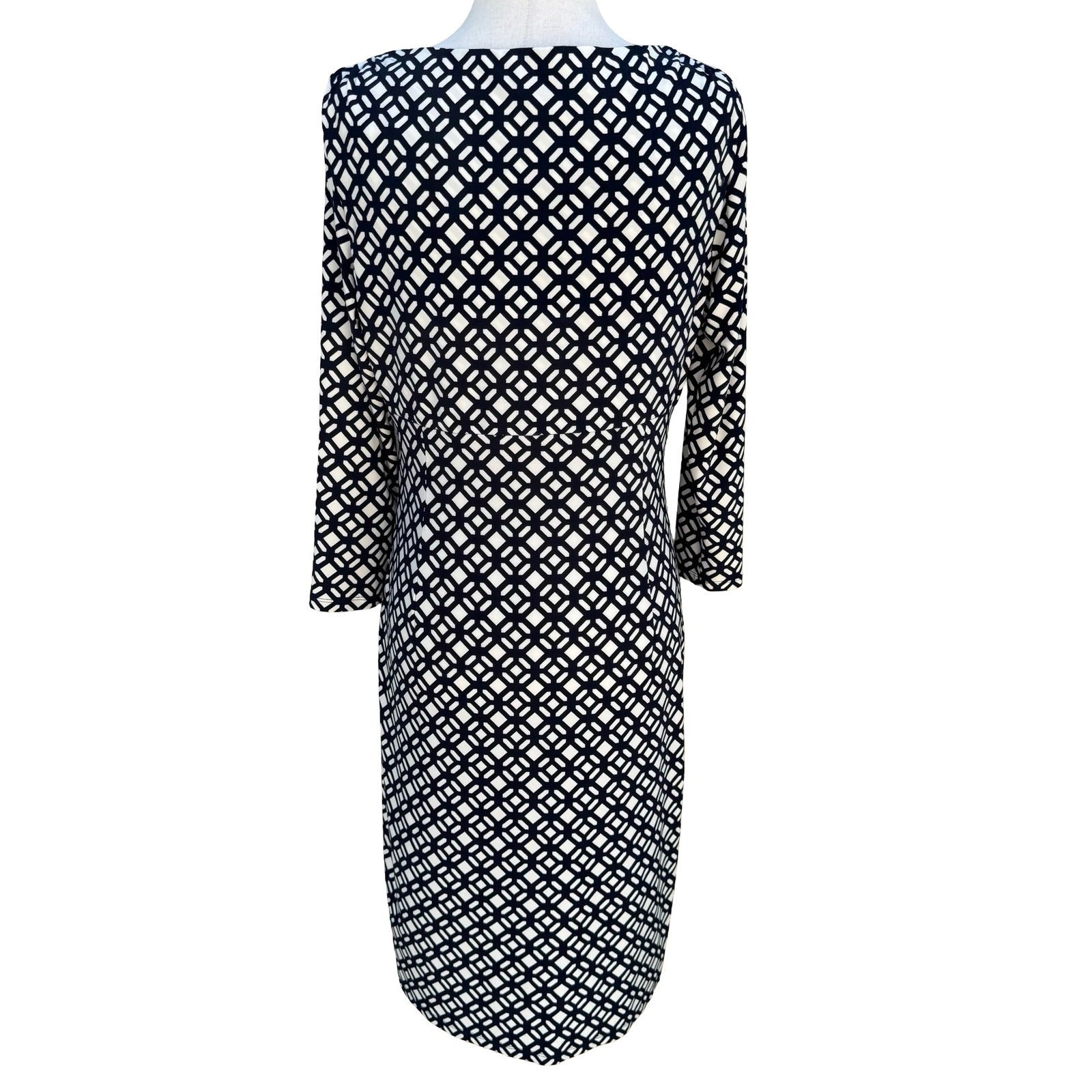 Lauren Ralph Lauren Navy Geometric Faux Wrap Sheath Dress 3/4 Sleeve 8 Mod Party