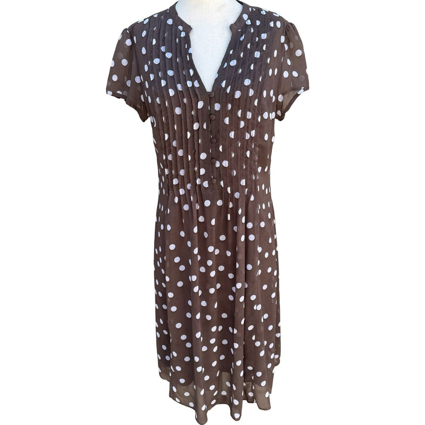 JBS Y2K Brown Polka Dot Pintuck Retro Mod V-Neck Dress Size 8 Feminine Pinup