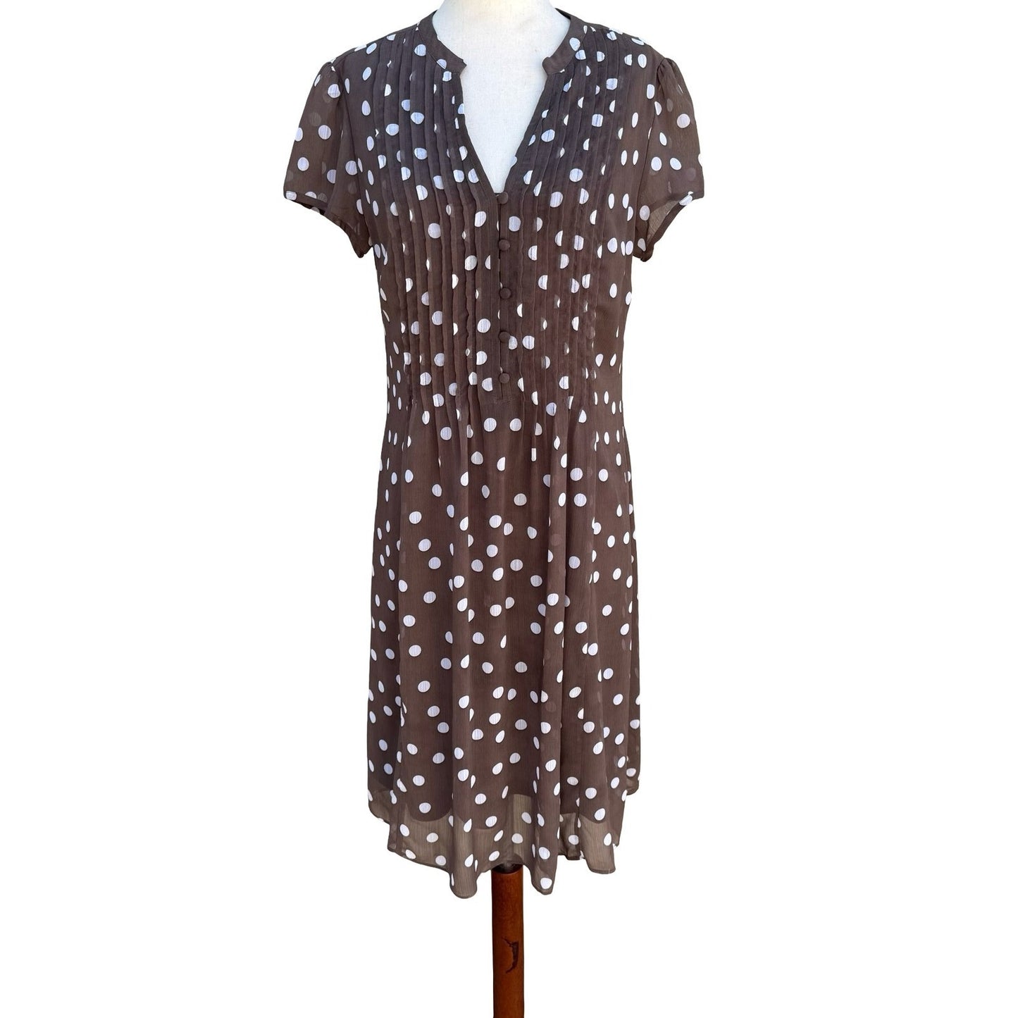 JBS Y2K Brown Polka Dot Pintuck Retro Mod V-Neck Dress Size 8 Feminine Pinup