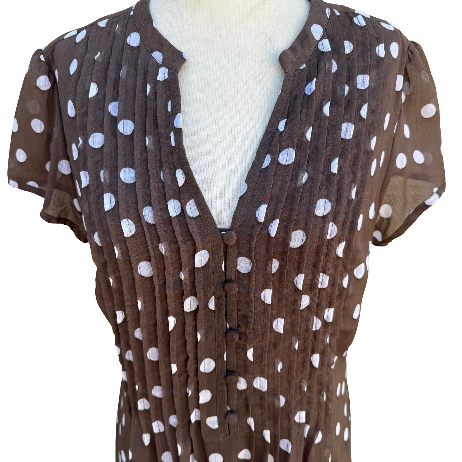 JBS Y2K Brown Polka Dot Pintuck Retro Mod V-Neck Dress Size 8 Feminine Pinup
