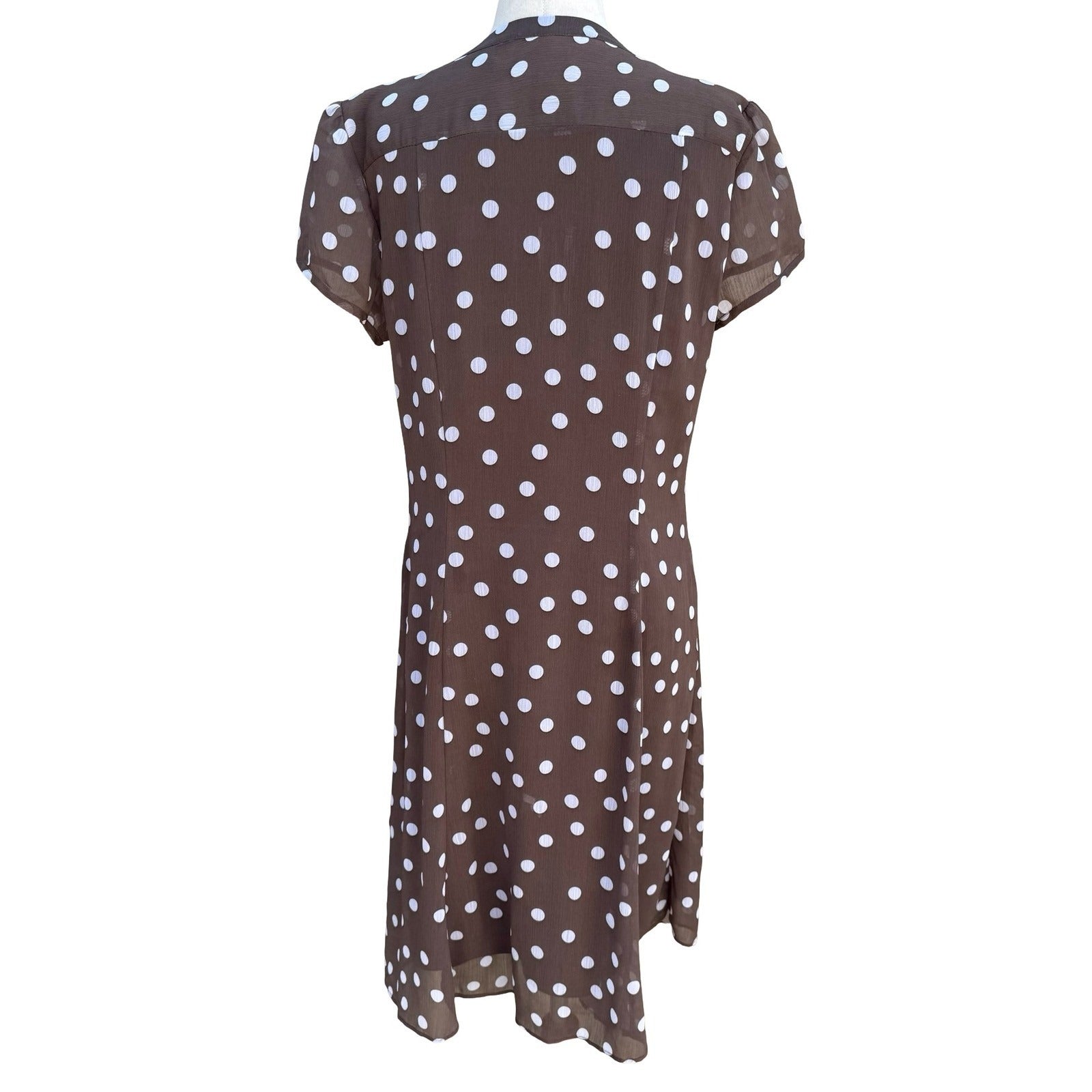 JBS Y2K Brown Polka Dot Pintuck Retro Mod V-Neck Dress Size 8 Feminine Pinup