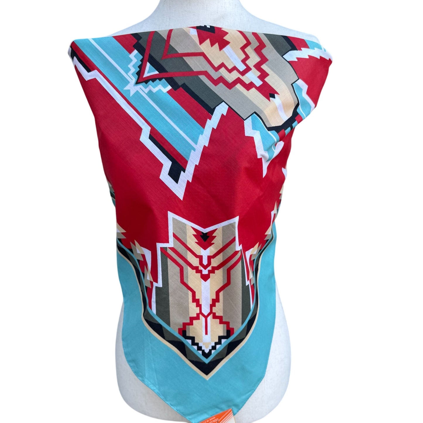 Vintage Southwest Cotton Bandana Craft Tex Made In USA Red Teal Aztec 22" Square