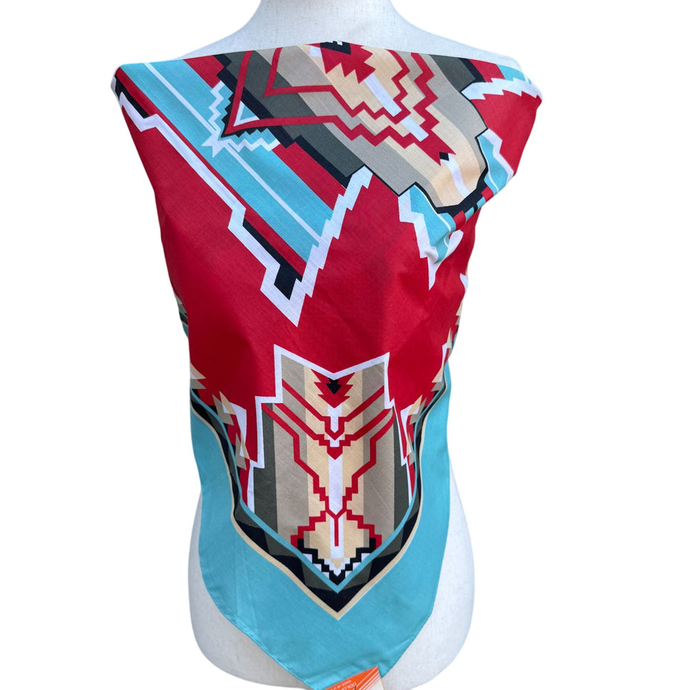 Vintage Southwest Cotton Bandana Craft Tex Made In USA Red Teal Aztec 22" Square