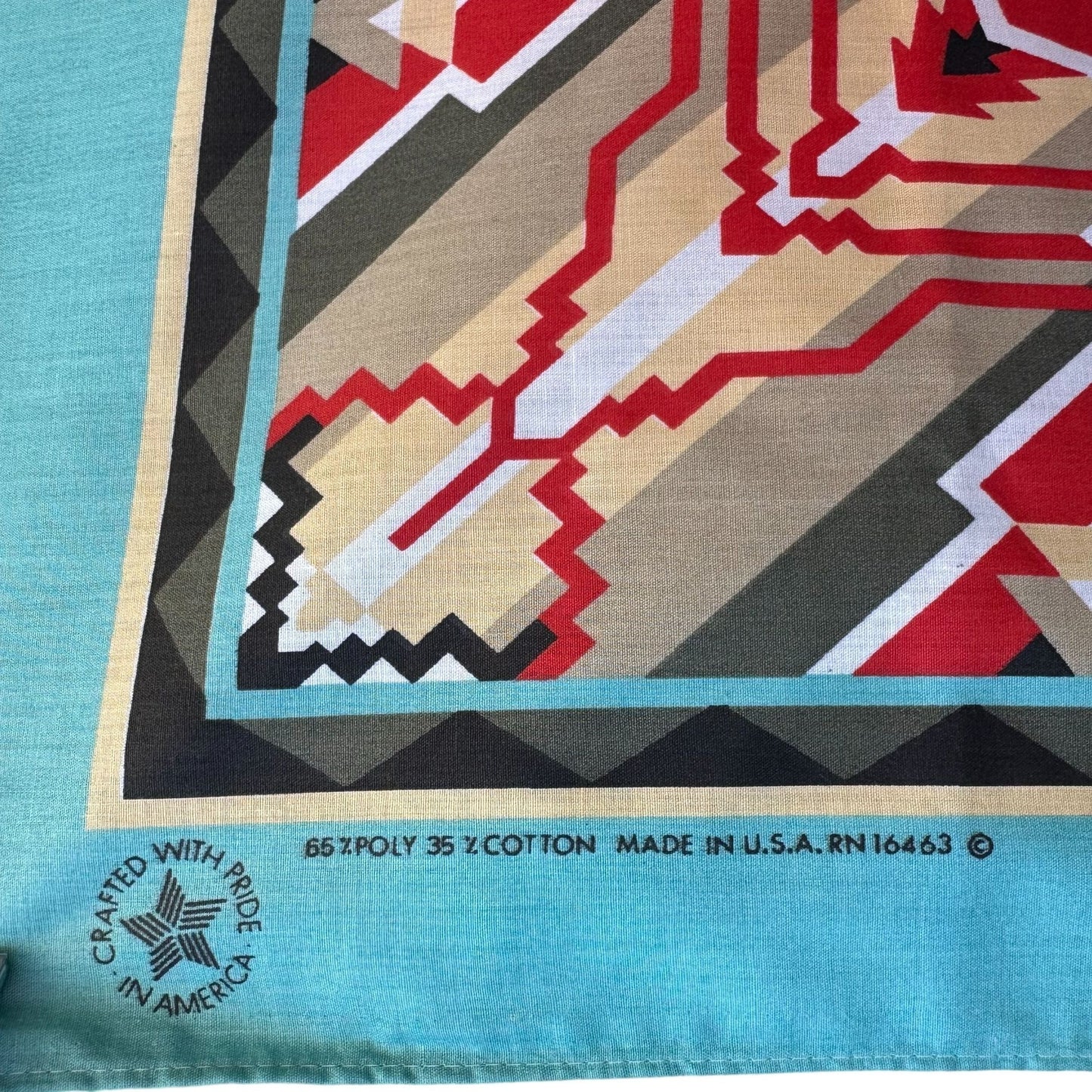 Vintage Southwest Cotton Bandana Craft Tex Made In USA Red Teal Aztec 22" Square
