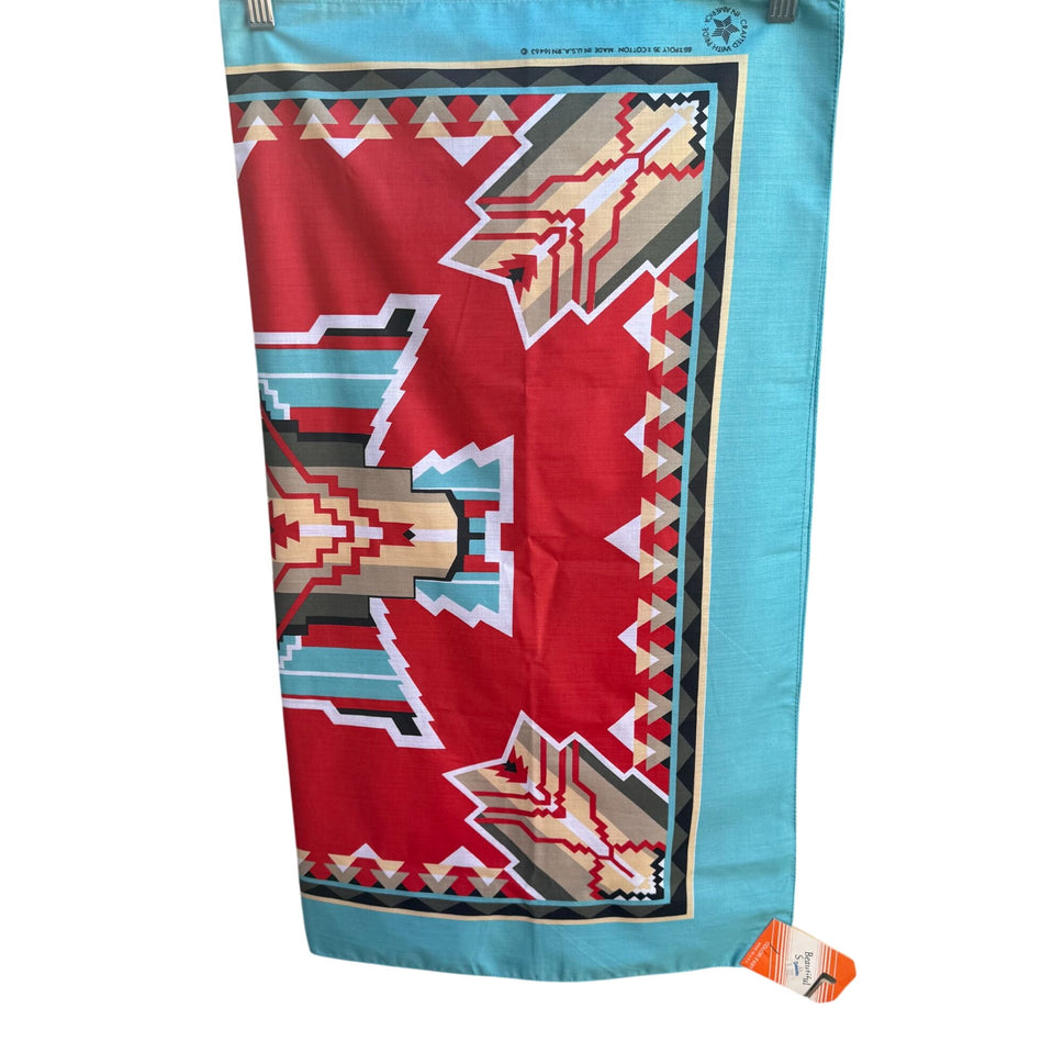 Vintage Southwest Cotton Bandana Craft Tex Made In USA Red Teal Aztec 22" Square