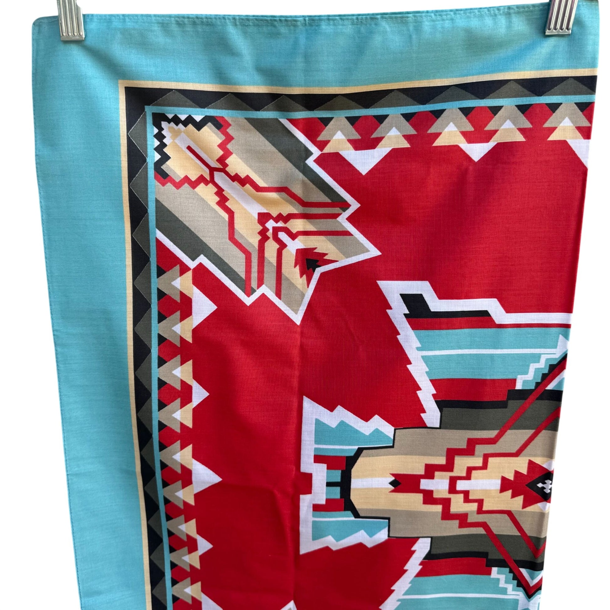 Vintage Southwest Cotton Bandana Craft Tex Made In USA Red Teal Aztec 22" Square