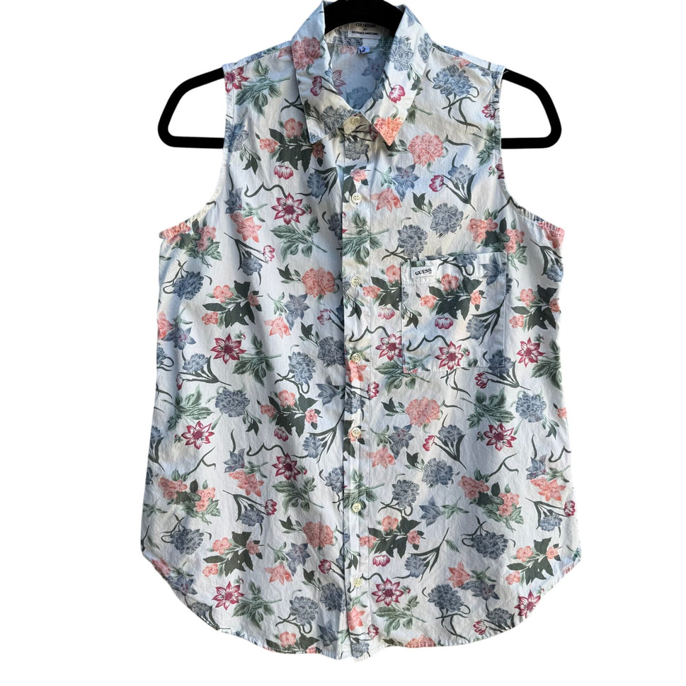 Guess Vintage 80s 90s Floral Sleeveless Button Down Soft Cotton Summer Top Shirt