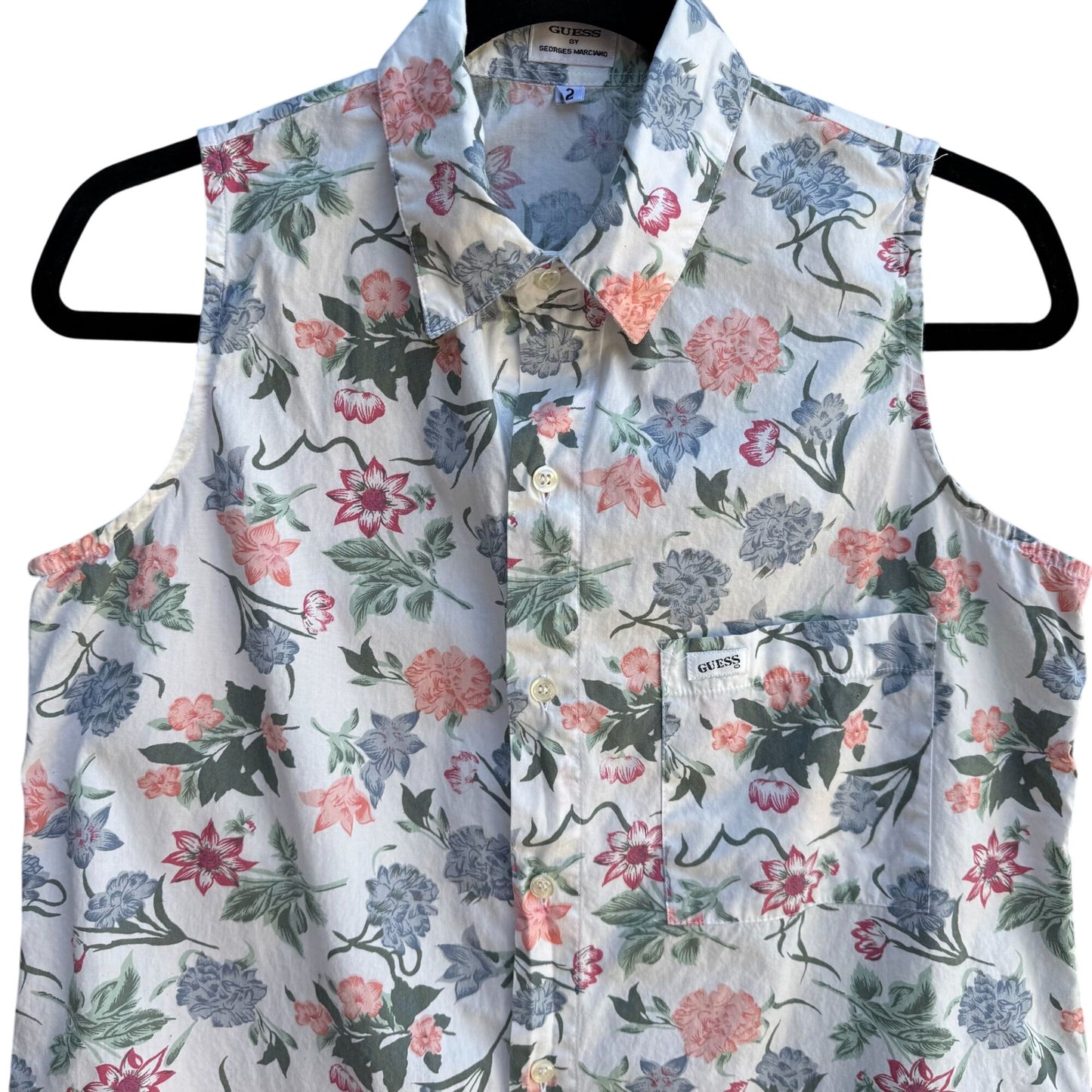 Guess Vintage 80s 90s Floral Sleeveless Button Down Soft Cotton Summer Top Shirt