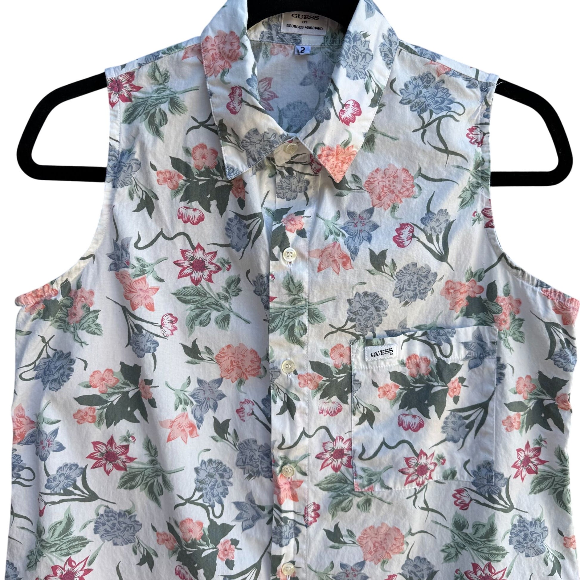 Guess Vintage 80s 90s Floral Sleeveless Button Down Soft Cotton Summer Top Shirt