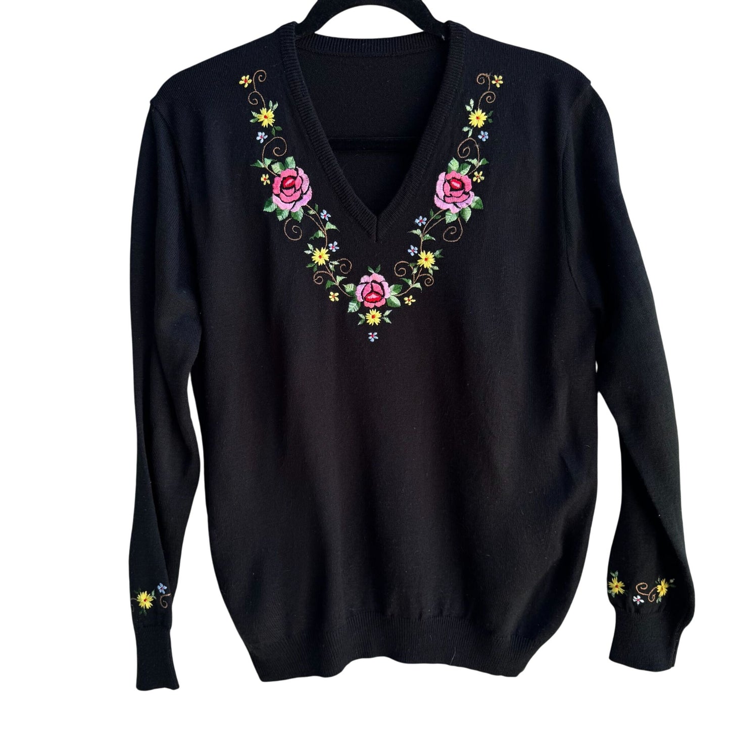 Vintage Womens Black Floral Embroidered Cottagecore V-Neck Long Sleeve Sweater L