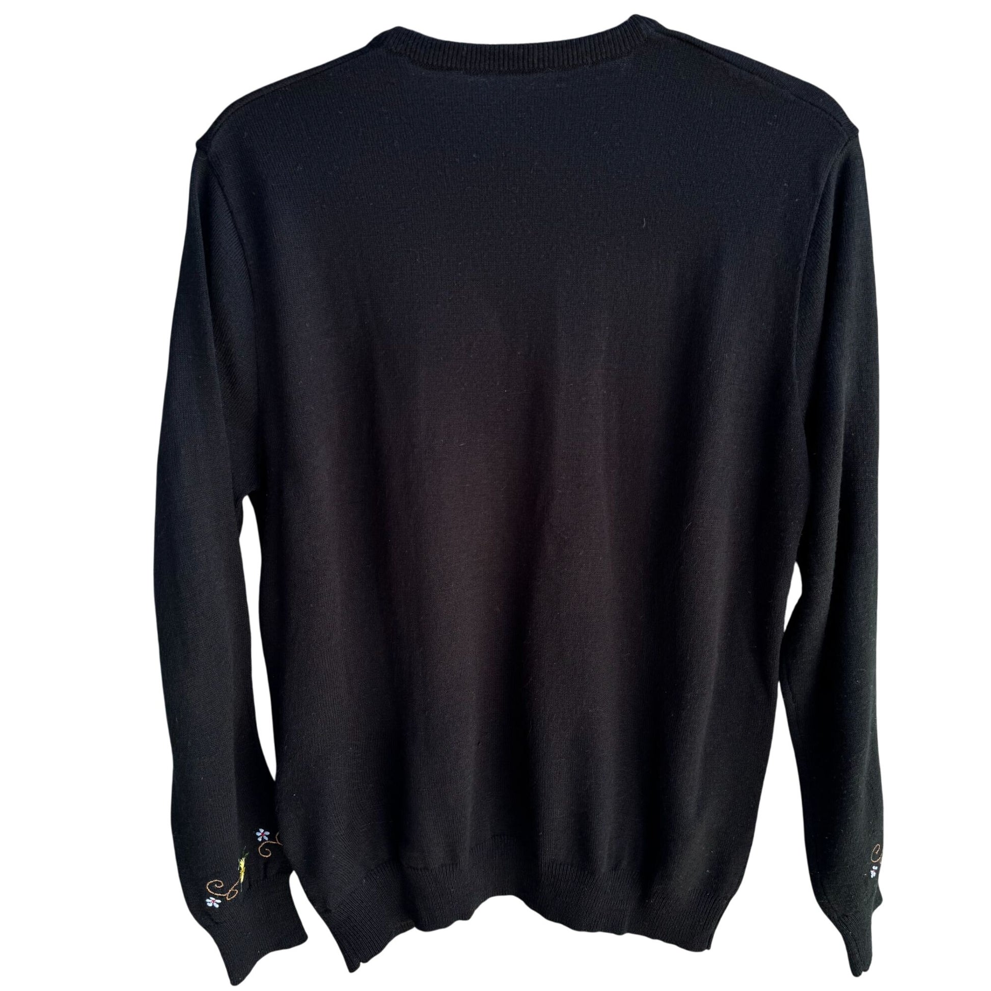 Vintage Womens Black Floral Embroidered Cottagecore V-Neck Long Sleeve Sweater L