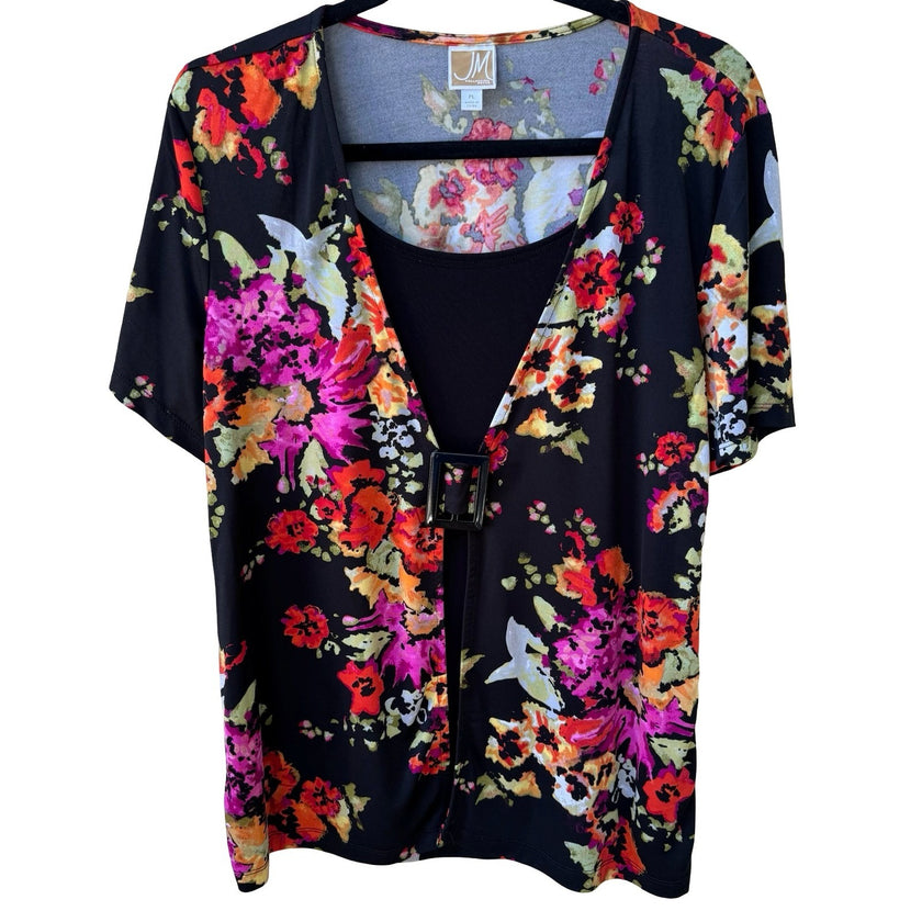 JM Collection Careerwear Dark Floral Layered Buckle Front Stretch Blouse Black L