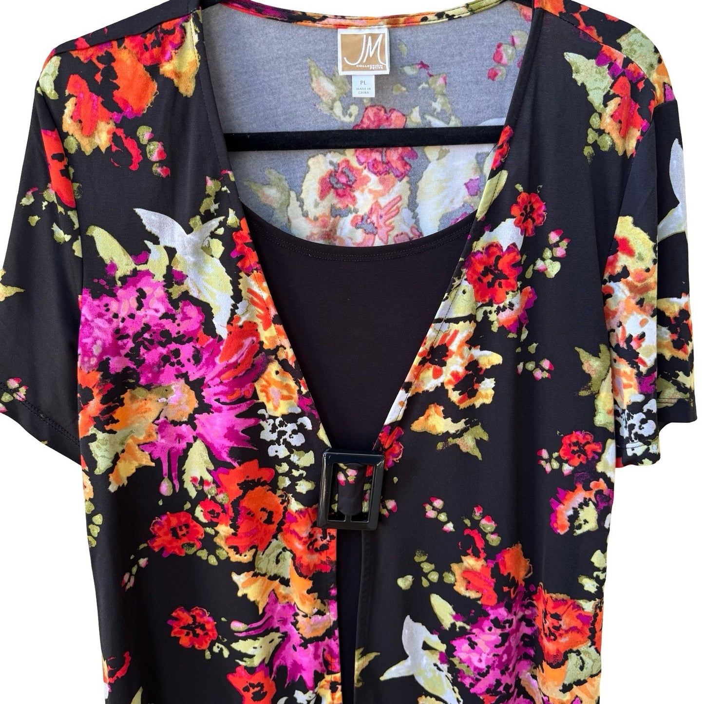 JM Collection Careerwear Dark Floral Layered Buckle Front Stretch Blouse Black L