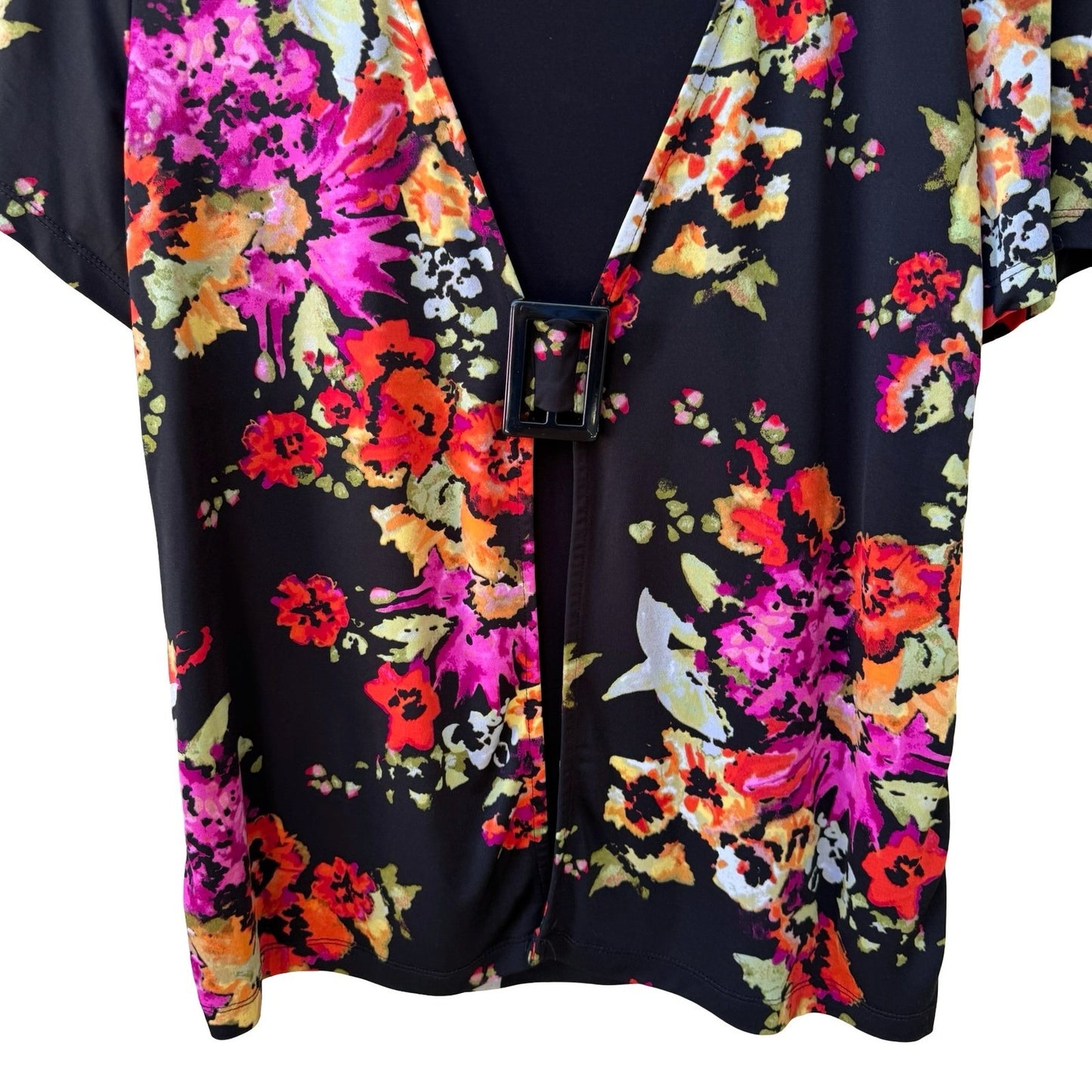 JM Collection Careerwear Dark Floral Layered Buckle Front Stretch Blouse Black L