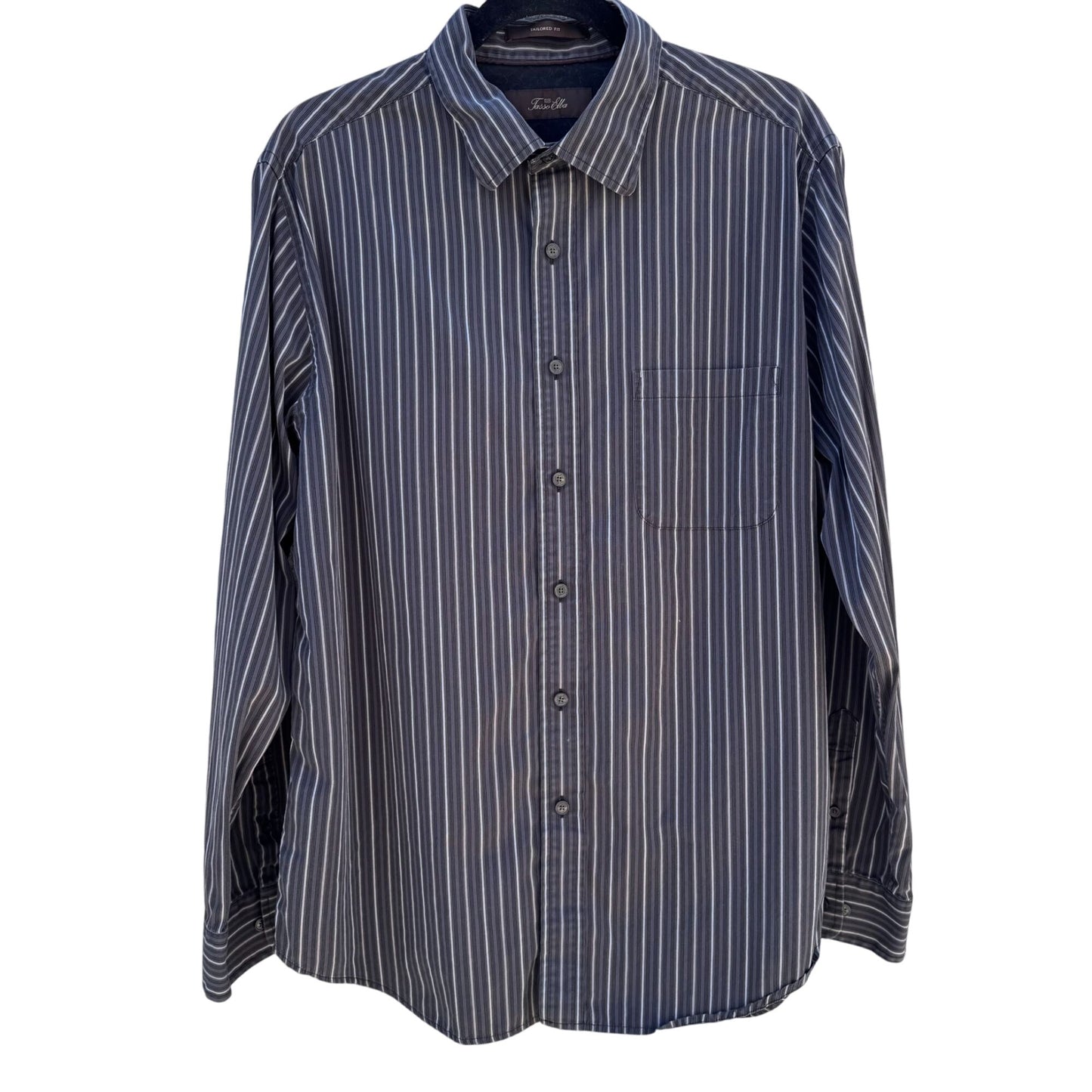 Tasso Elba Mens Tailored Fit Gray White Striped Button-Down Long Sleeve Shirt L