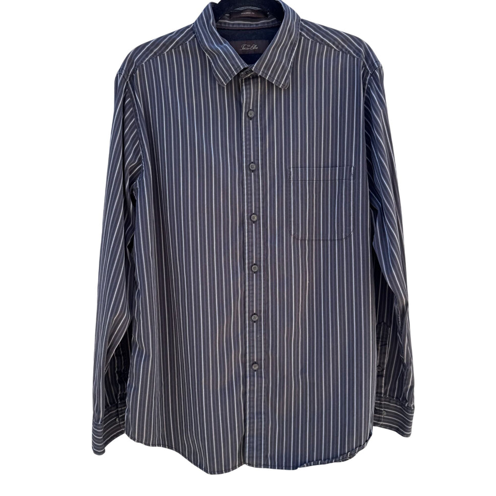 Tasso Elba Mens Tailored Fit Gray White Striped Button-Down Long Sleeve Shirt L