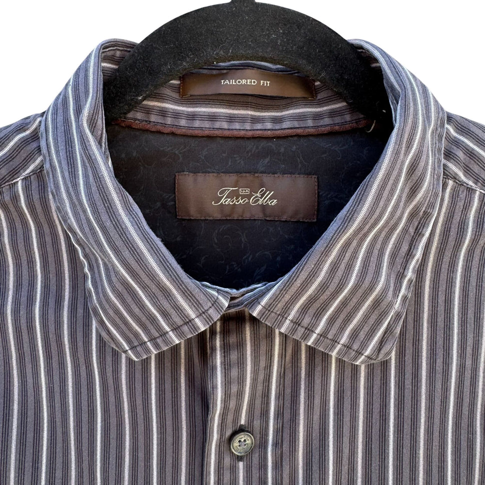 Tasso Elba Mens Tailored Fit Gray White Striped Button-Down Long Sleeve Shirt L