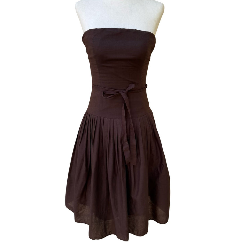 XXI Y2K 90s Cottagecore Preppy Strapless Pleated Cotton Fit Flare Dress Brown S