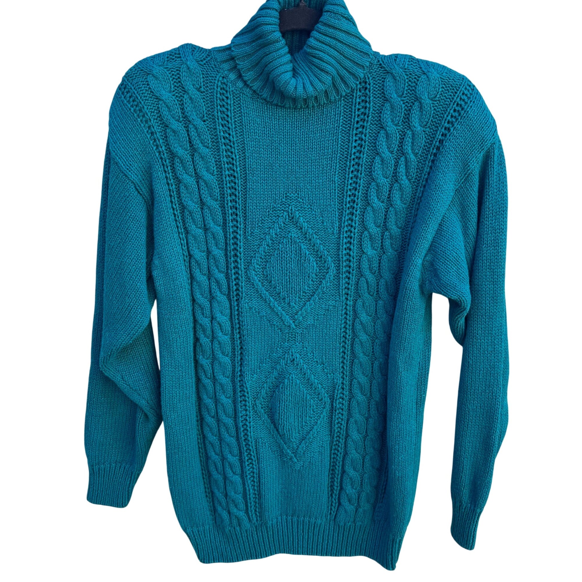 Casual Corner Vintage 80s Womens S Cable Knit Teal Turtleneck Sweater Oversized