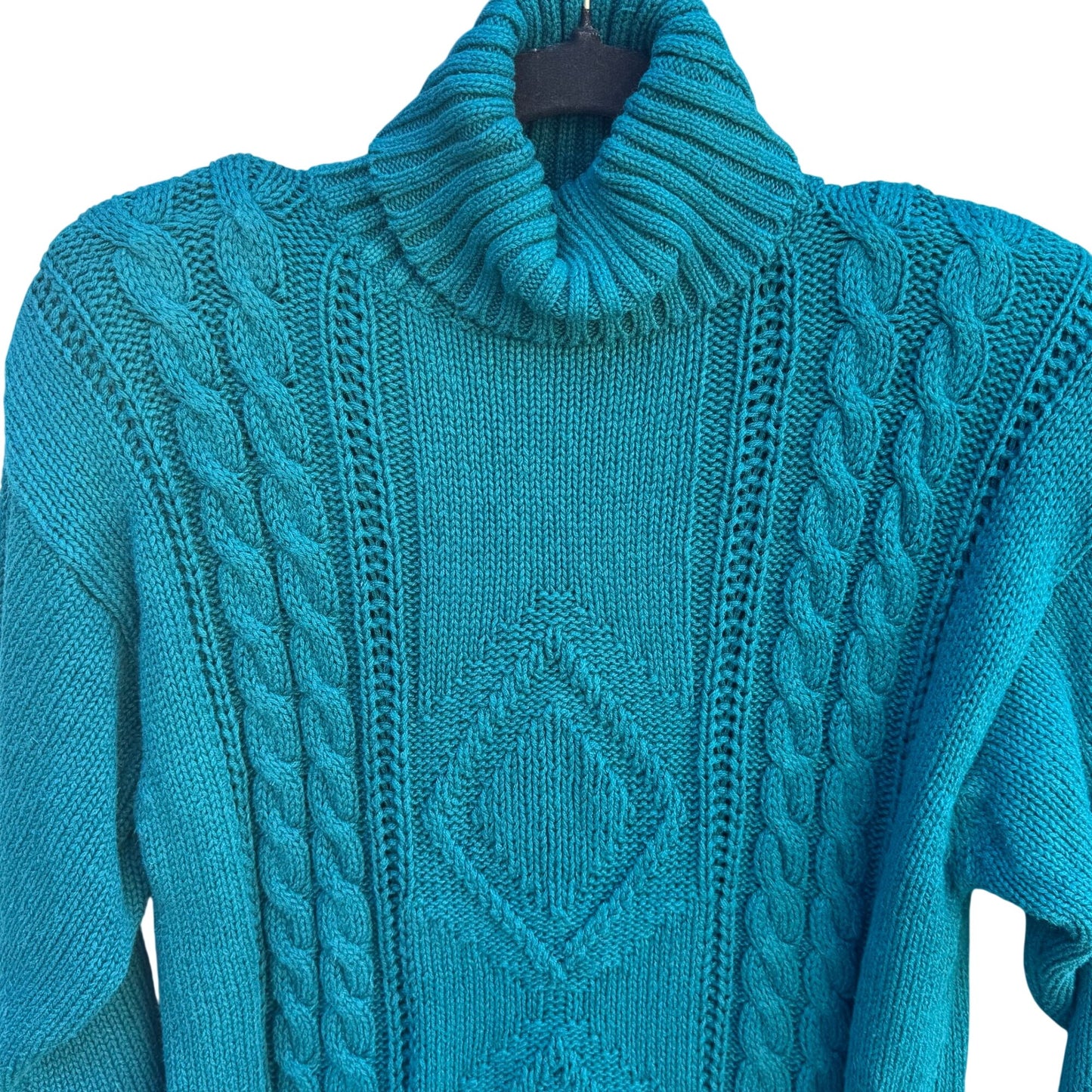 Casual Corner Vintage 80s Womens S Cable Knit Teal Turtleneck Sweater Oversized