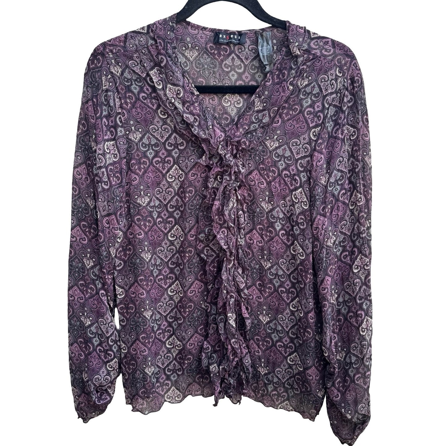Axcess Liz Claiborne Y2K Whimsigoth Boho Sheer Purple Paisley Ruffle Blouse 12