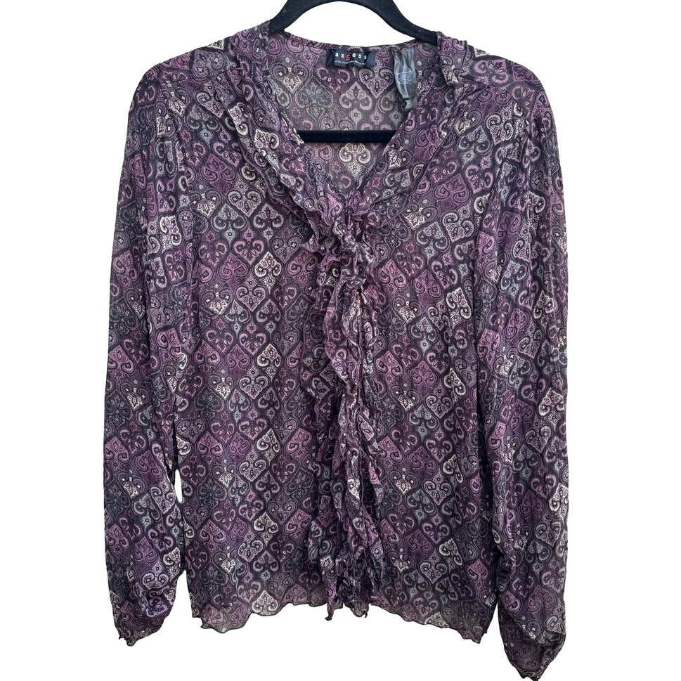 Axcess Liz Claiborne Y2K Whimsigoth Boho Sheer Purple Paisley Ruffle Blouse 12